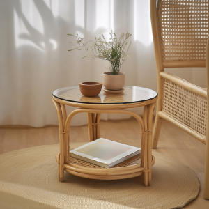 Wabi-sabi style wicker coffee table, creative small side table for home living room, snack and fruit plate, small table for picnic, round table