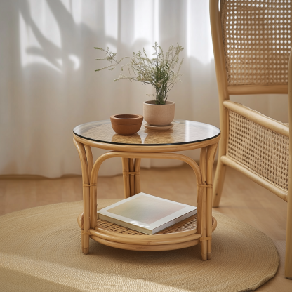 Wabi-sabi style wicker coffee table, creative small side table for home living room, snack and fruit plate, small table for picnic, round table