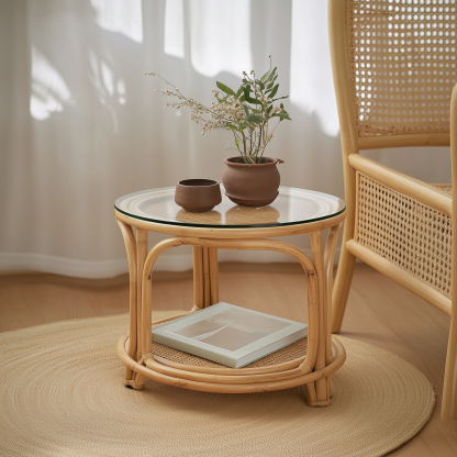 Wabi-sabi style wicker coffee table, creative small side table for home living room, snack and fruit plate, small table for picnic, round table - Image 3