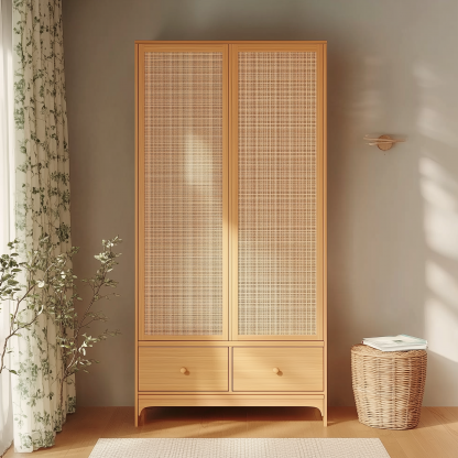 Nordic solid wood rattan wardrobe, double-door walk-in closet, modern and simple homestay hotel, retro bedroom, natural wood color wardrobe - Image 8