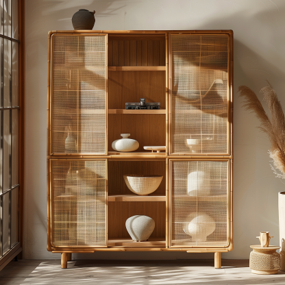 Nordic solid wood sideboard, wall-mounted integrated storage cabinet, ash wood sideboard, storage cabinet, wabi-rattan woven cabinet - Image 3