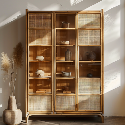 Nordic solid wood sideboard, wall-mounted integrated storage cabinet, ash wood sideboard, storage cabinet, wabi-rattan woven cabinet