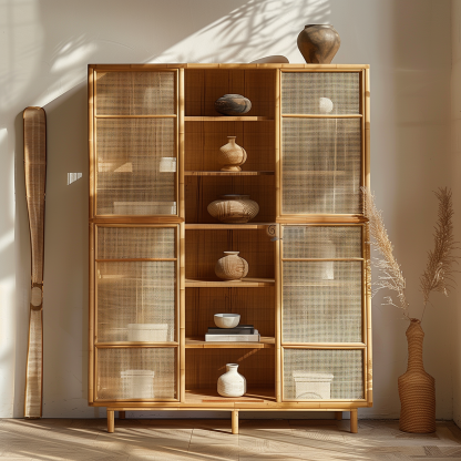 Nordic solid wood sideboard, wall-mounted integrated storage cabinet, ash wood sideboard, storage cabinet, wabi-rattan woven cabinet - Image 9