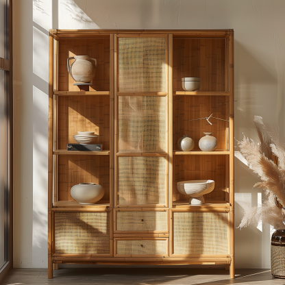 Nordic solid wood sideboard, wall-mounted integrated storage cabinet, ash wood sideboard, storage cabinet, wabi-rattan woven cabinet