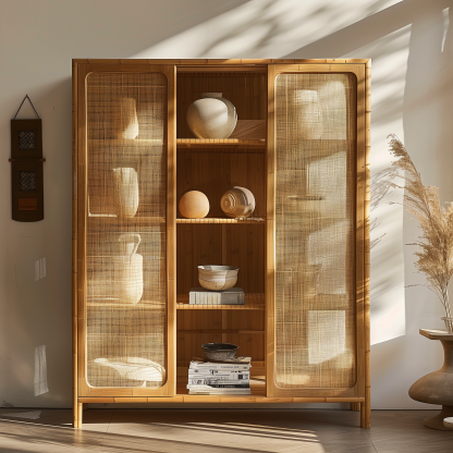 Nordic solid wood sideboard, wall-mounted integrated storage cabinet, ash wood sideboard, storage cabinet, wabi-rattan woven cabinet - Image 2