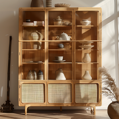 Nordic solid wood sideboard, wall-mounted integrated storage cabinet, ash wood sideboard, storage cabinet, wabi-rattan woven cabinet