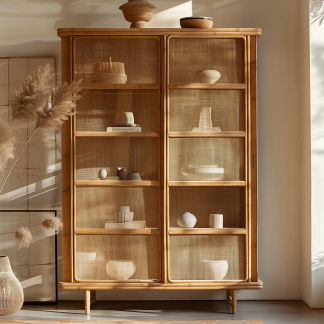 Nordic solid wood sideboard, wall-mounted integrated storage cabinet, ash wood sideboard, storage cabinet, wabi-rattan woven cabinet