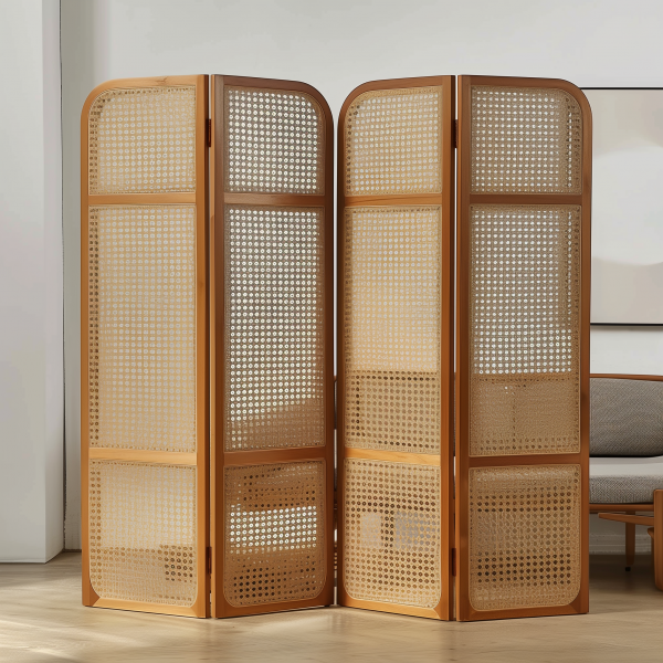 Creative rattan glass partition, tempered glass partition wall, entrance hall ironwork folding rattan screen