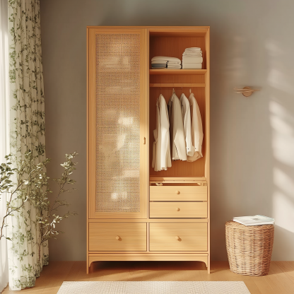 Nordic solid wood rattan wardrobe, double-door walk-in closet, modern and simple homestay hotel, retro bedroom, natural wood color wardrobe - Image 7