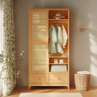 Nordic solid wood rattan wardrobe, double-door walk-in closet, modern and simple homestay hotel, retro bedroom, natural wood color wardrobe