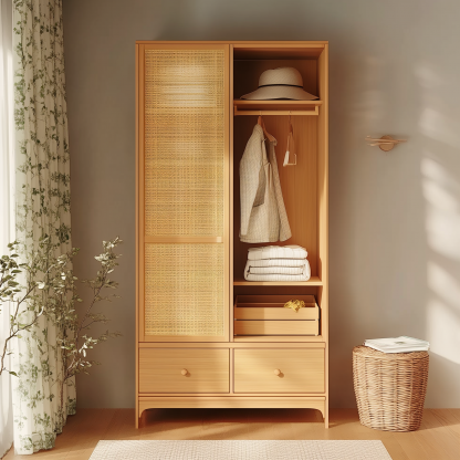 Nordic solid wood rattan wardrobe, double-door walk-in closet, modern and simple homestay hotel, retro bedroom, natural wood color wardrobe - Image 5