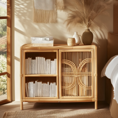 Nordic solid wood sideboard, wall-mounted integrated storage cabinet, ash wood sideboard, storage cabinet, wabi-sabi style wicker cabinet - Image 2