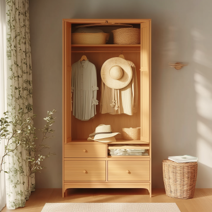 Nordic solid wood rattan wardrobe, double-door walk-in closet, modern and simple homestay hotel, retro bedroom, natural wood color wardrobe - Image 4
