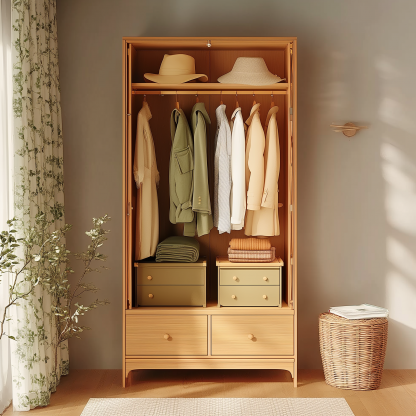 Nordic solid wood rattan wardrobe, double-door walk-in closet, modern and simple homestay hotel, retro bedroom, natural wood color wardrobe - Image 2