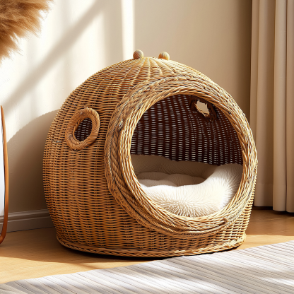 Original custom rattan cat bed suitable for all four seasons in winter, semi-enclosed willow weaving, bamboo weaving cat basket for winter - Image 3