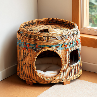 Original custom rattan cat bed suitable for all four seasons in winter, semi-enclosed willow weaving, bamboo weaving cat basket for winter - Image 6