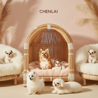 Pet bed, wicker dog bed, cat bed, American-style retro solid wood animal house furniture, Teddy Bichon Frise dog mattress - Image 4