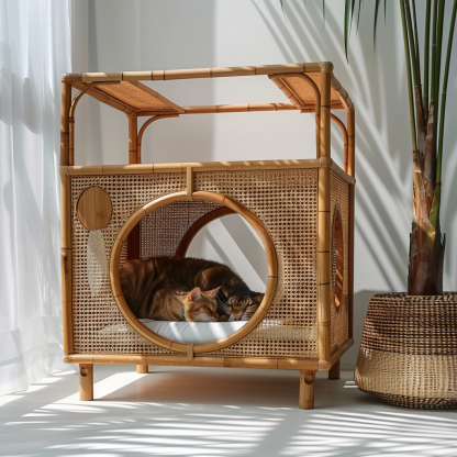 Double-layer cat bed, solid wood cat bed, all-season, semi-enclosed rattan cat bed, home cat, villa cat, cat house cat house - Image 9