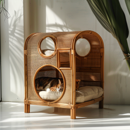 Double-layer cat bed, solid wood cat bed, all-season, semi-enclosed rattan cat bed, home cat, villa cat, cat house cat house - Image 5