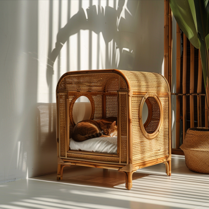 Solid wood cat bed, Chinese-style rattan cat bed, semi-enclosed breathable cat villa, cat house, all-season, creative appearance, horizontal cat bed - Image 8