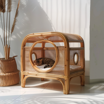 Solid wood cat bed, Chinese-style rattan cat bed, semi-enclosed breathable cat villa, cat house, all-season, creative appearance, horizontal cat bed - Image 8