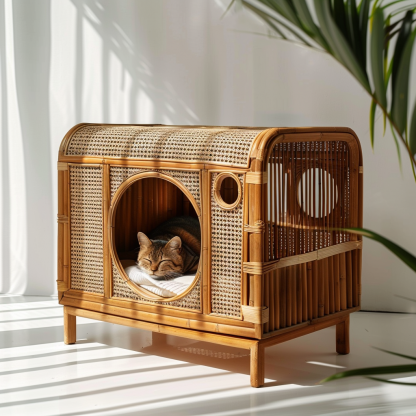 Solid wood cat bed, Chinese-style rattan cat bed, semi-enclosed breathable cat villa, cat house, all-season, creative appearance, horizontal cat bed - Image 6