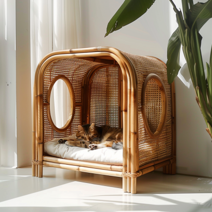 Solid wood cat bed, Chinese-style rattan cat bed, semi-enclosed breathable cat villa, cat house, all-season, creative appearance, horizontal cat bed