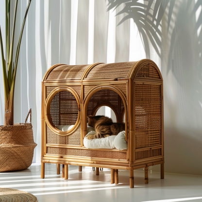 Solid wood cat bed, Chinese-style rattan cat bed, semi-enclosed breathable cat villa, cat house, all-season, creative appearance, horizontal cat bed - Image 4