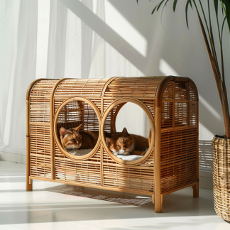 Solid wood cat bed, Chinese-style rattan cat bed, semi-enclosed breathable cat villa, cat house, all-season, creative appearance, horizontal cat bed