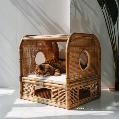 Double-layer cat bed, solid wood cat bed, all-season, semi-enclosed rattan cat bed, home cat, villa cat, cat house cat house - Image 3