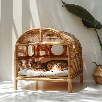 Cat climbing frame, scratch-resistant rattan cat house, closed double-layer cat bed, cat bed, red wall - Image 2