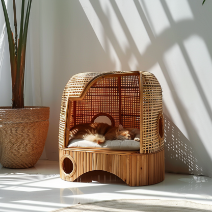 Cat climbing frame, scratch-resistant rattan cat house, closed double-layer cat bed, cat bed, red wall