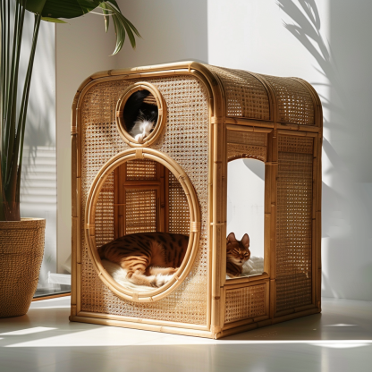 Solid wood cat bed, Chinese-style rattan cat bed, semi-enclosed breathable cat villa, cat house, all-season, creative appearance, horizontal cat bed - Image 10