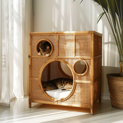 Double-layer cat bed, solid wood cat bed, all-season, semi-enclosed rattan cat bed, home cat, villa cat, cat house cat house - Image 10