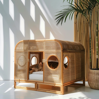 Double-layer cat bed, solid wood cat bed, all-season, semi-enclosed rattan cat bed, home cat, villa cat, cat house cat house
