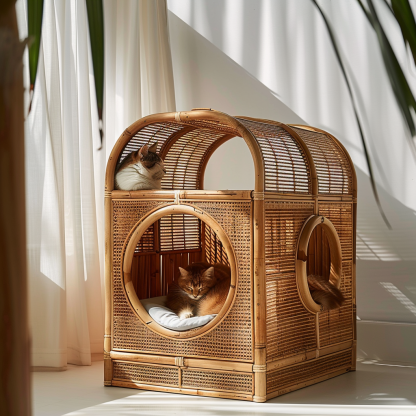 Double-layer cat bed, solid wood cat bed, all-season, semi-enclosed rattan cat bed, home cat, villa cat, cat house cat house - Image 6