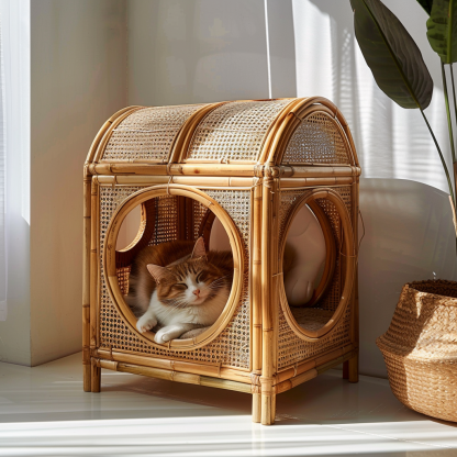 Solid wood cat bed, Chinese-style rattan cat bed, semi-enclosed breathable cat villa, cat house, all-season, creative appearance, horizontal cat bed - Image 7