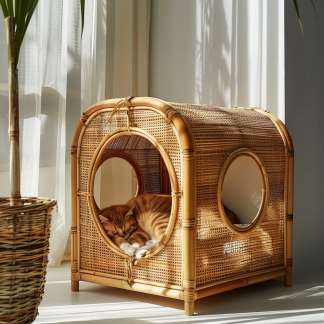 Double-layer cat bed, solid wood cat bed, all-season, semi-enclosed rattan cat bed, home cat, villa cat, cat house cat house