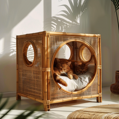 Solid wood cat bed, Chinese-style rattan cat bed, semi-enclosed breathable cat villa, cat house, all-season, creative appearance, horizontal cat bed - Image 10