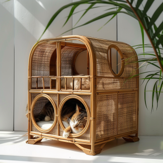 Double-layer cat bed, solid wood cat bed, all-season, semi-enclosed rattan cat bed, home cat, villa cat, cat house cat house