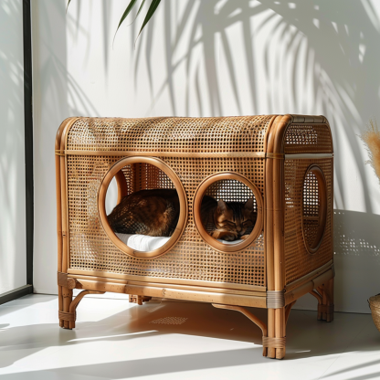 Solid wood cat bed, Chinese-style rattan cat bed, semi-enclosed breathable cat villa, cat house, all-season, creative appearance, horizontal cat bed - Image 8