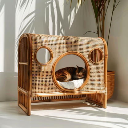 Solid wood cat bed, Chinese-style rattan cat bed, semi-enclosed breathable cat villa, cat house, all-season, creative appearance, horizontal cat bed - Image 7