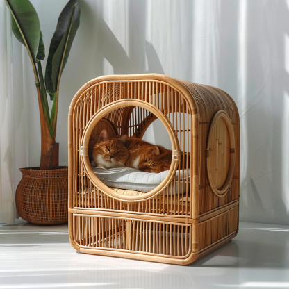 Double-layer cat bed, solid wood cat bed, all-season, semi-enclosed rattan cat bed, home cat, villa cat, cat house cat house - Image 4