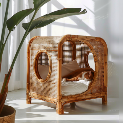Double-layer cat bed, solid wood cat bed, all-season, semi-enclosed rattan cat bed, home cat, villa cat, cat house cat house - Image 6