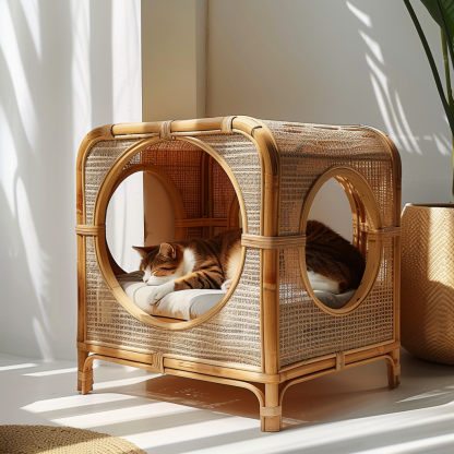 Solid wood cat bed, Chinese-style rattan cat bed, semi-enclosed breathable cat villa, cat house, all-season, creative appearance, horizontal cat bed - Image 11