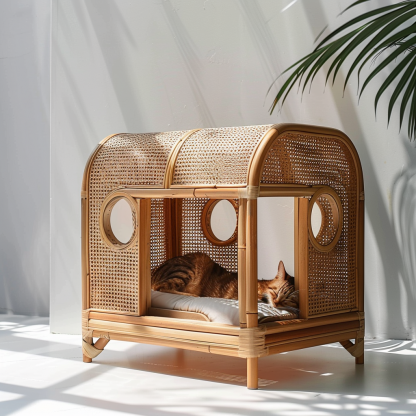 Double-layer cat bed, solid wood cat bed, all-season, semi-enclosed rattan cat bed, home cat, villa cat, cat house cat house - Image 10