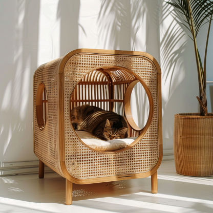 Double-layer cat bed, solid wood cat bed, all-season, semi-enclosed rattan cat bed, home cat, villa cat, cat house cat house - Image 10