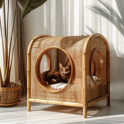Double-layer cat bed, solid wood cat bed, all-season, semi-enclosed rattan cat bed, home cat, villa cat, cat house cat house - Image 9