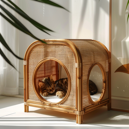 Solid wood cat bed, Chinese-style rattan cat bed, semi-enclosed breathable cat villa, cat house, all-season, creative appearance, horizontal cat bed - Image 5