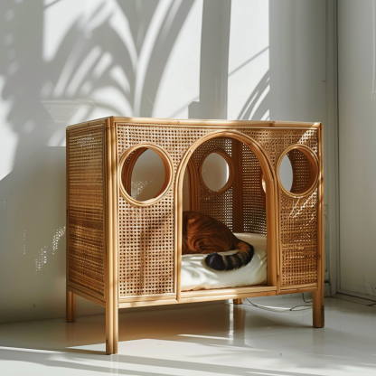 Solid wood cat bed, Chinese-style rattan cat bed, semi-enclosed breathable cat villa, cat house, all-season, creative appearance, horizontal cat bed - Image 6